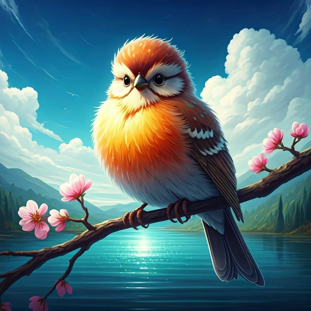 Vivid Illustration of Bunting Bird on Blooming Branch