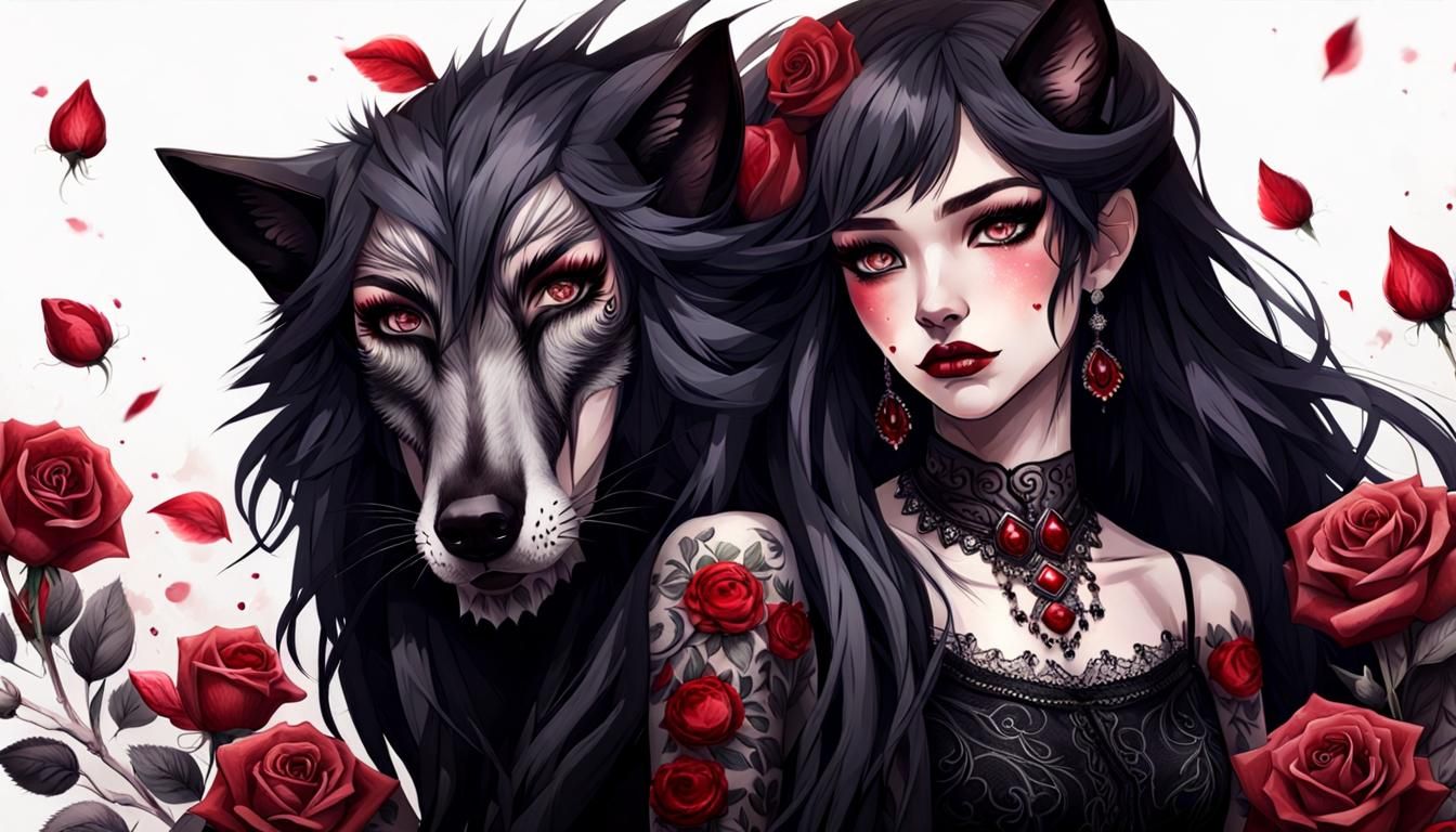 Goth Girl Petting a Wolf in Realistic Style
