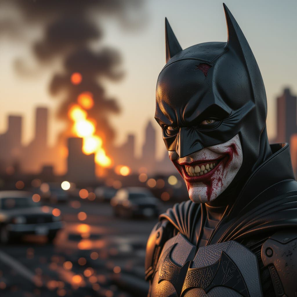 Batman with Joker Smile in Burning Gotham