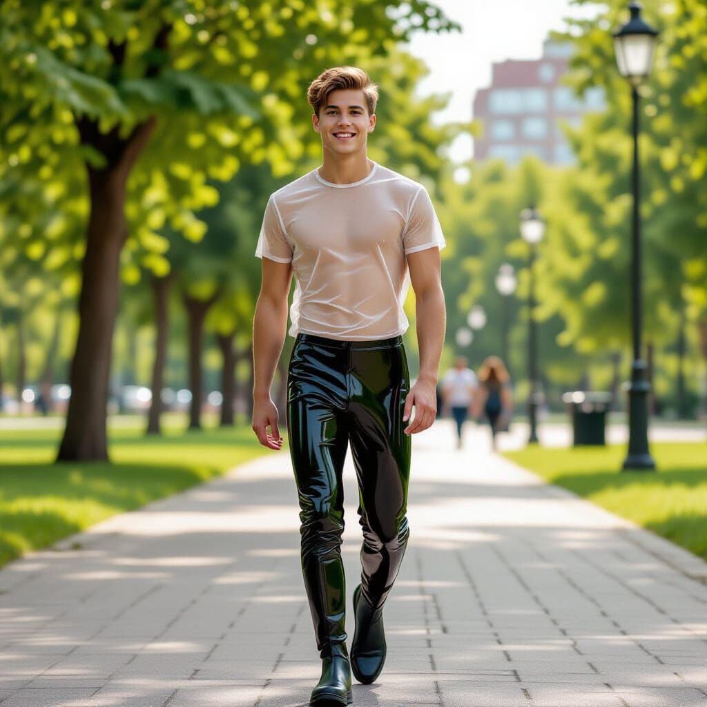 Man in Latex Walks Through City Park