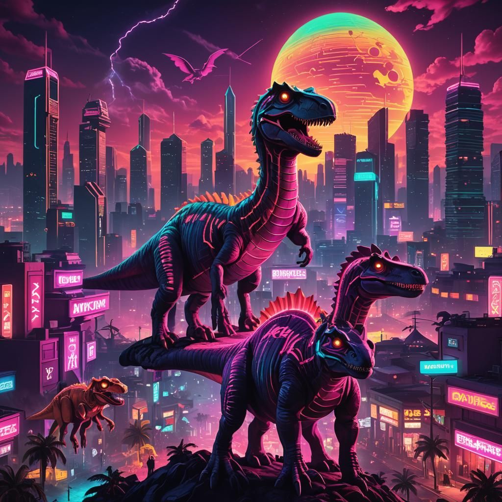 Synthwave Planet with Dinosaurs in Retro Neon Style