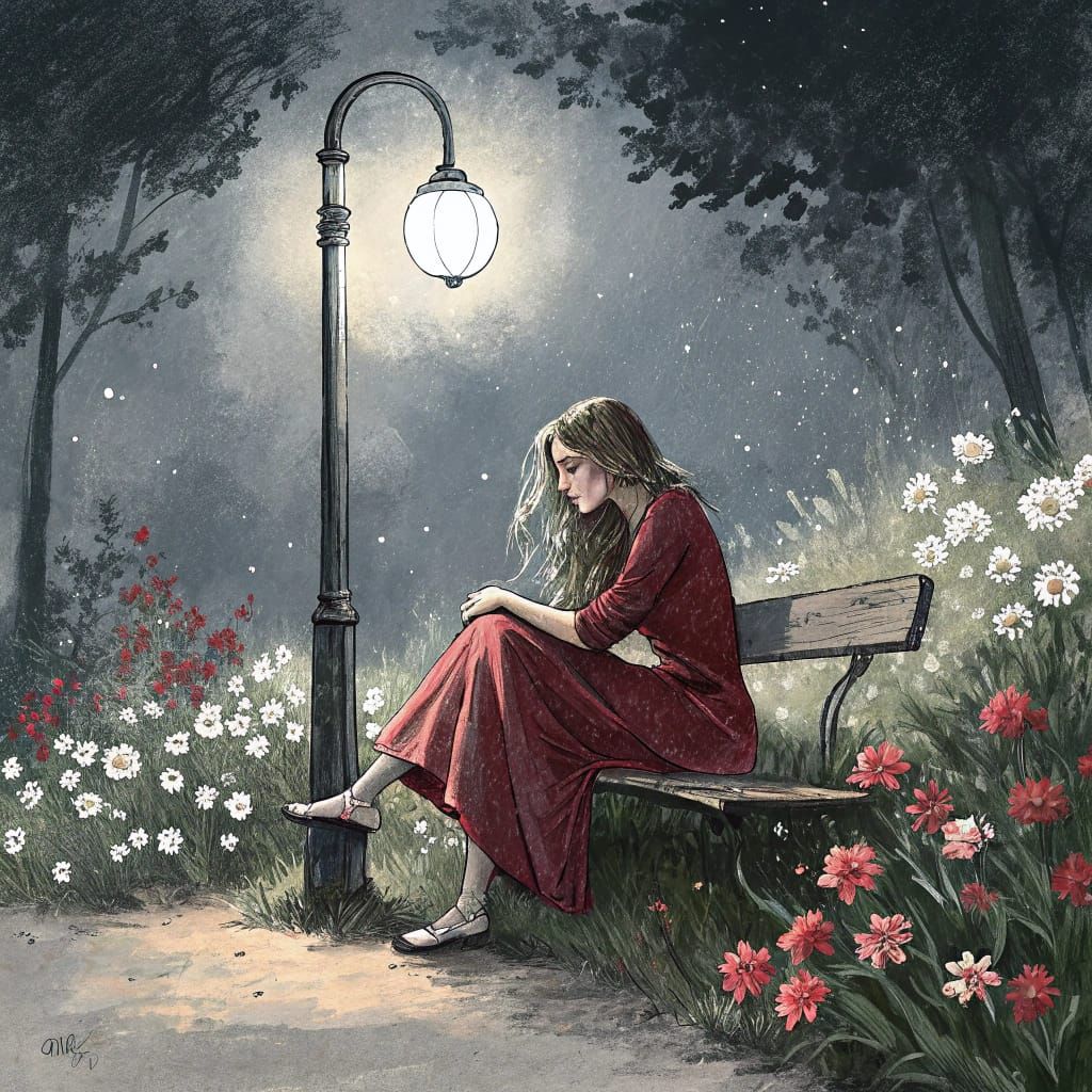 Woman on Bench Under Streetlight, Matte Painting