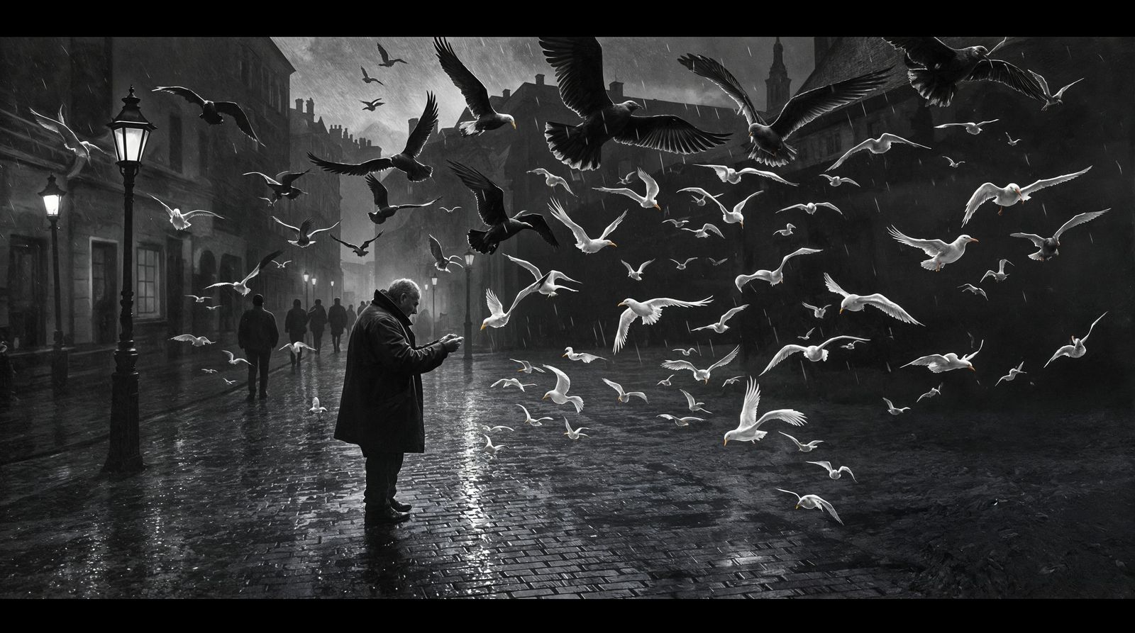 Ethereal Shadows Dance in Bergen's Rain-Slicked Square