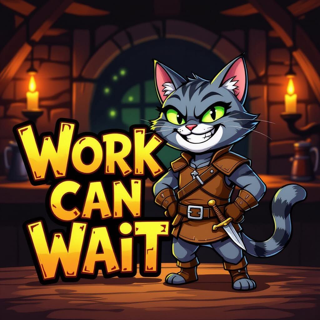 Mischievous Cat Rogue in Tavern, Work Can Wait