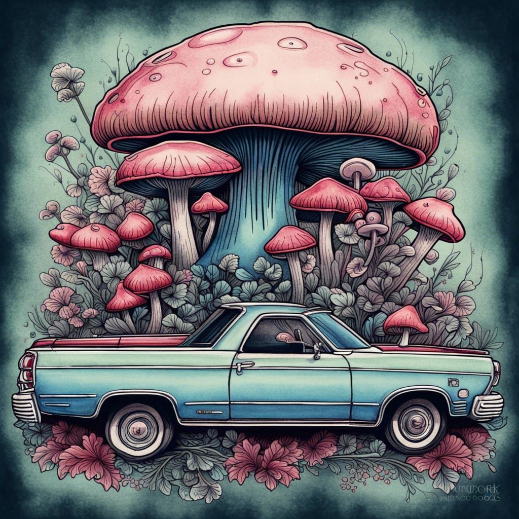 Vintage Car in Mushroompunk Style