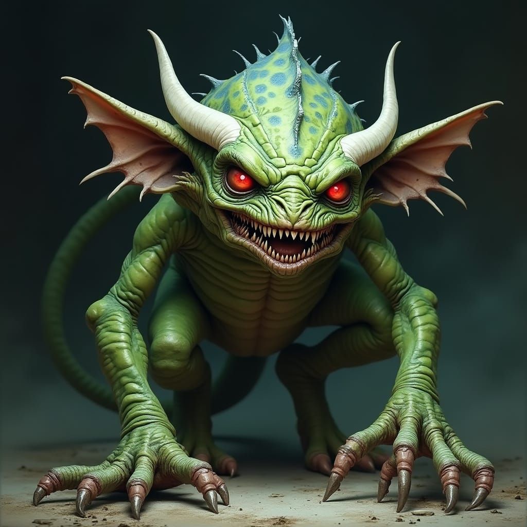 Grotesque Green Monster with White Horns and Blue Spots