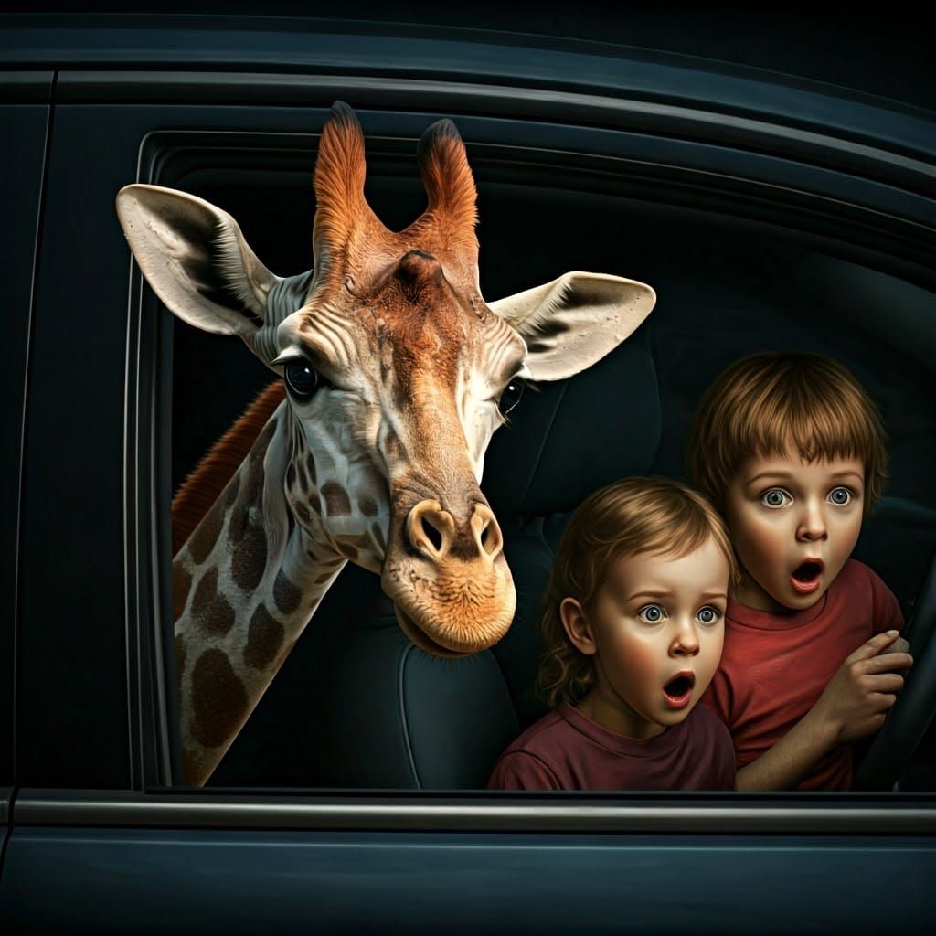 Surreal Giraffe Peeks into Car Window