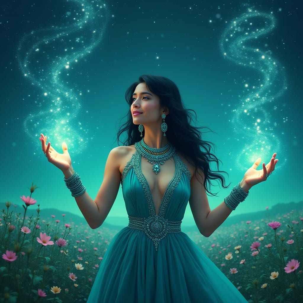 Ethereal Enchantress Under Turquoise Celestial Canvas