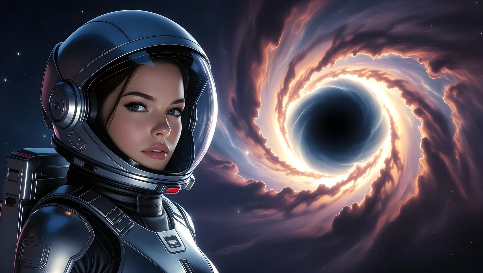 Astronaut Gazing into Black Hole in Sci-Fi Scene