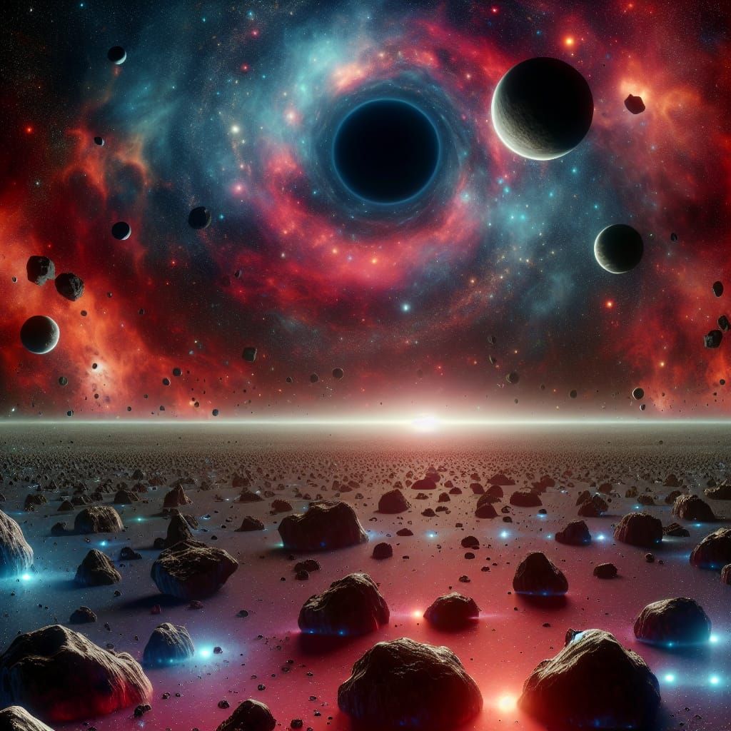 Sci-Fi Asteroid Field with Black Hole
