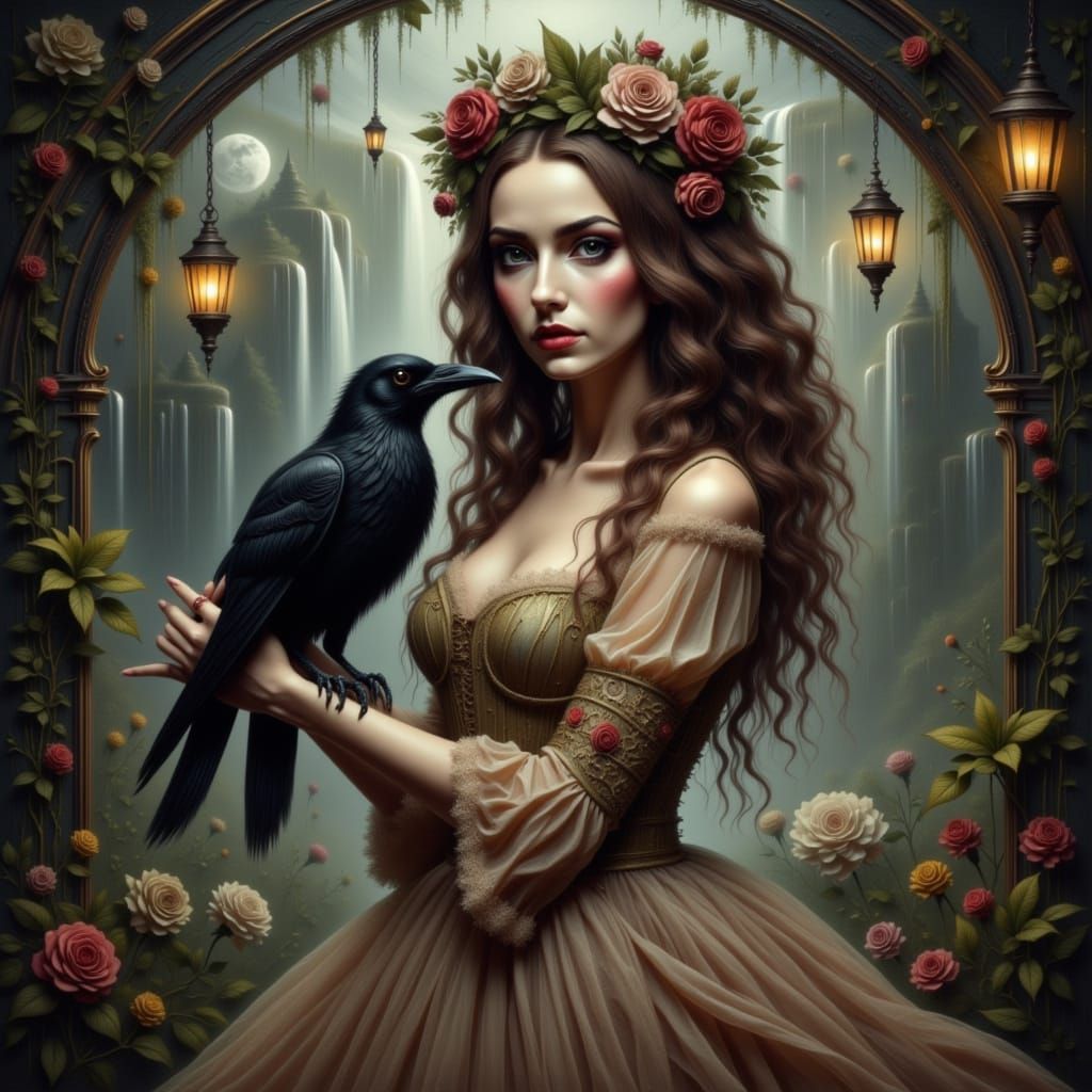 Fantasy Woman with Flower Crown and Raven in Enchanted Fores...