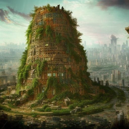 Tower of Babel Overgrown in Dystopian Jungle