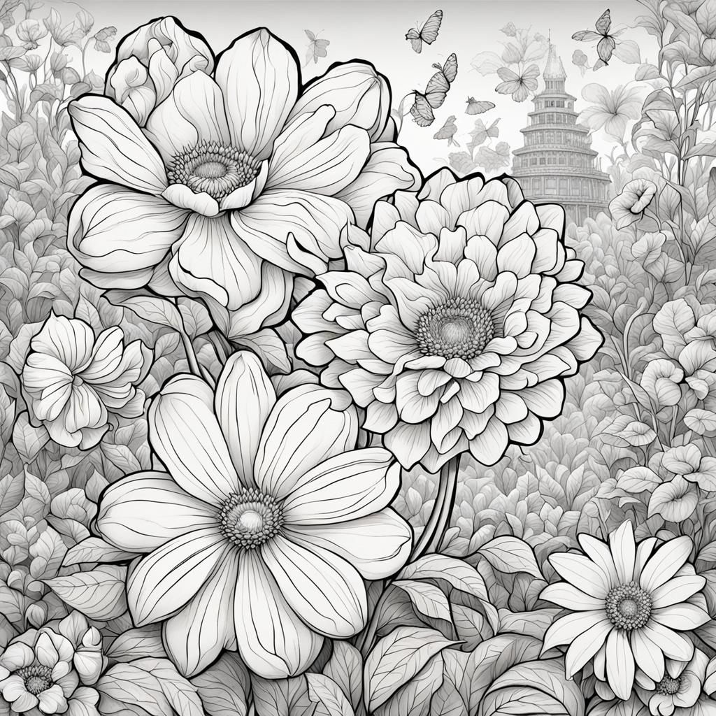 Coloring Book Page of Flower Blossoms