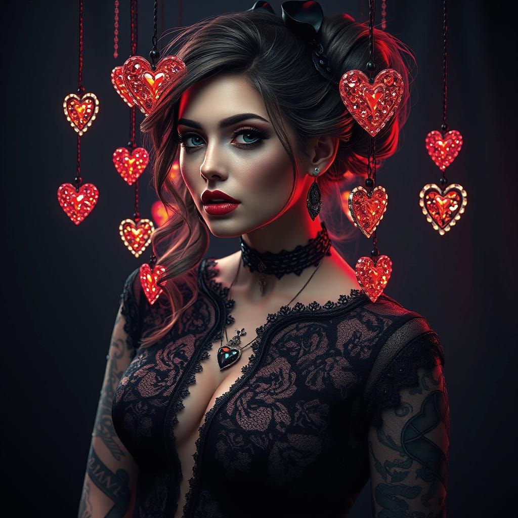 Gothic Succubus Pin-Up with Heart Sparkles