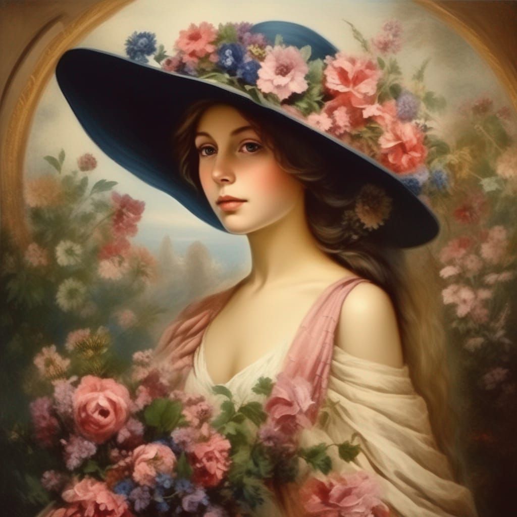 Elegant Woman with Floral Hat Portrait