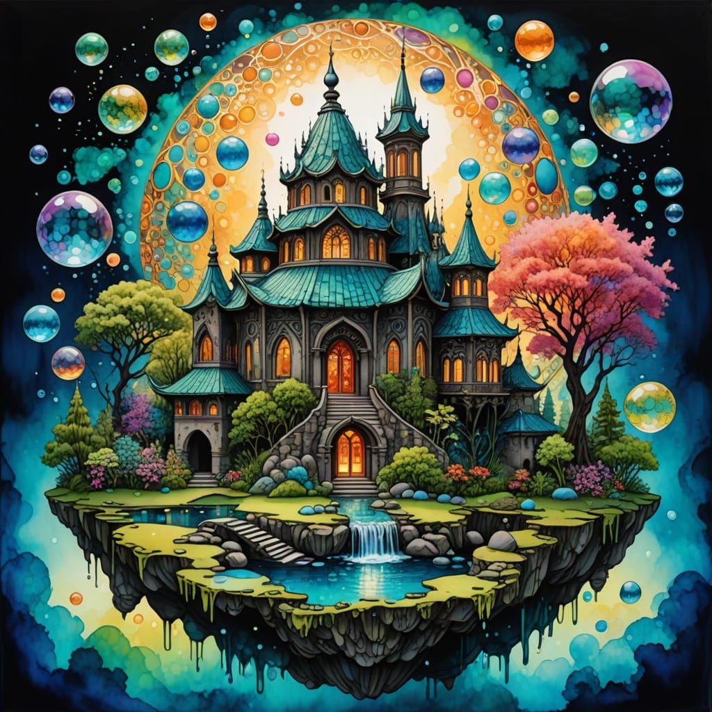 Intricately detailed alcohol ink illustration, a floating is...