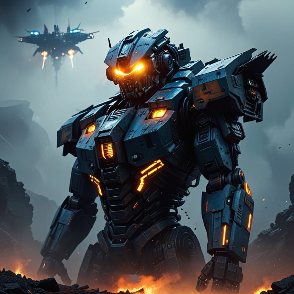 Cyberpunk Mech Warrior Rises from the Shadows