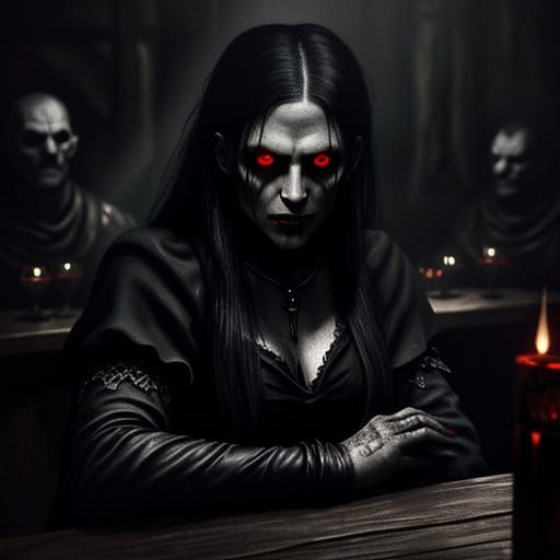 Gothic Vampire Woman in Dim Tavern, Oil Painting