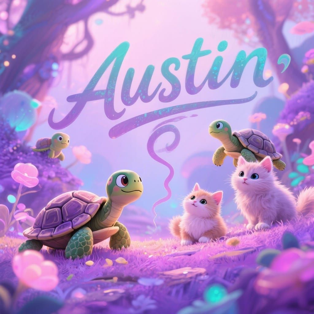 Playful Turtles and Kittens with "Austin" in Dreamy Pastels