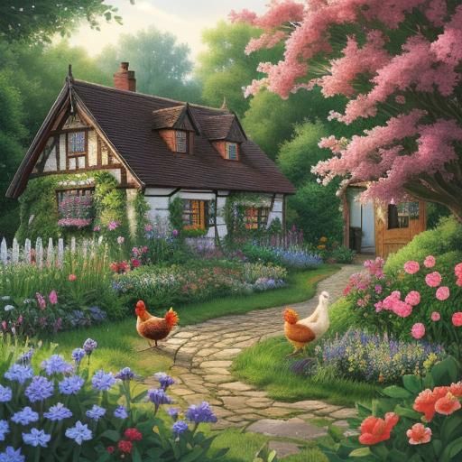 Realistic Chickens Roaming in Cottage Garden