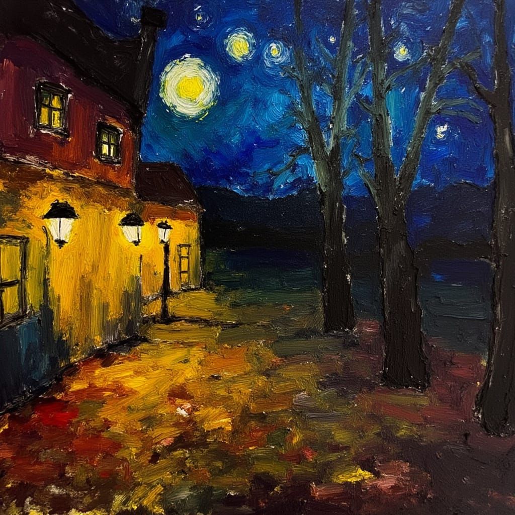 Dreamlike Night Cafe Scene in Vibrant, Saturated Colors