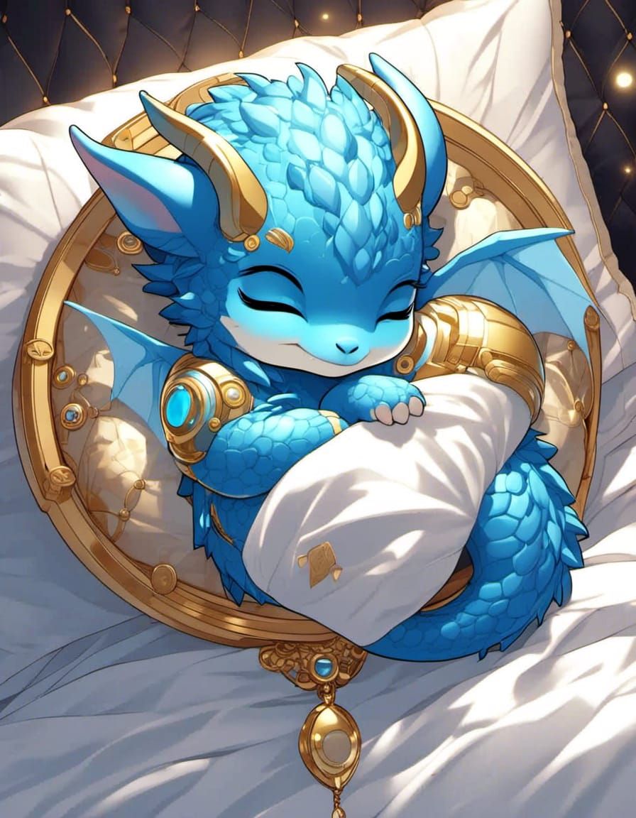 Cute chibi blue baby dragon sleeping on a gold pillow. <lora:Gridimation:1.0>