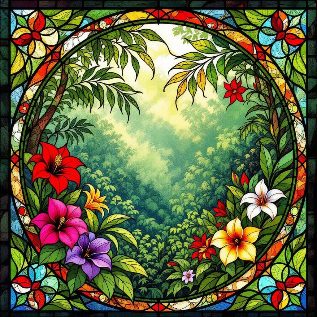 Rainforest Stained Glass in Art Nouveau Style