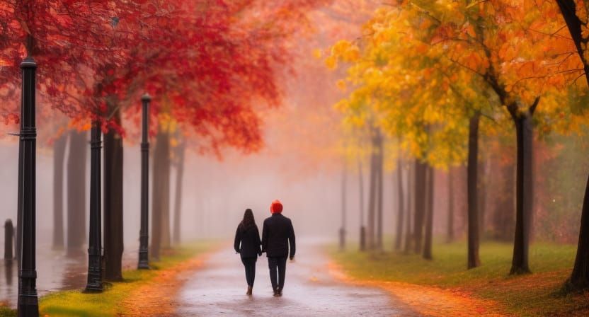 Couple Walking in Autumn Colors as Impasto Painting
