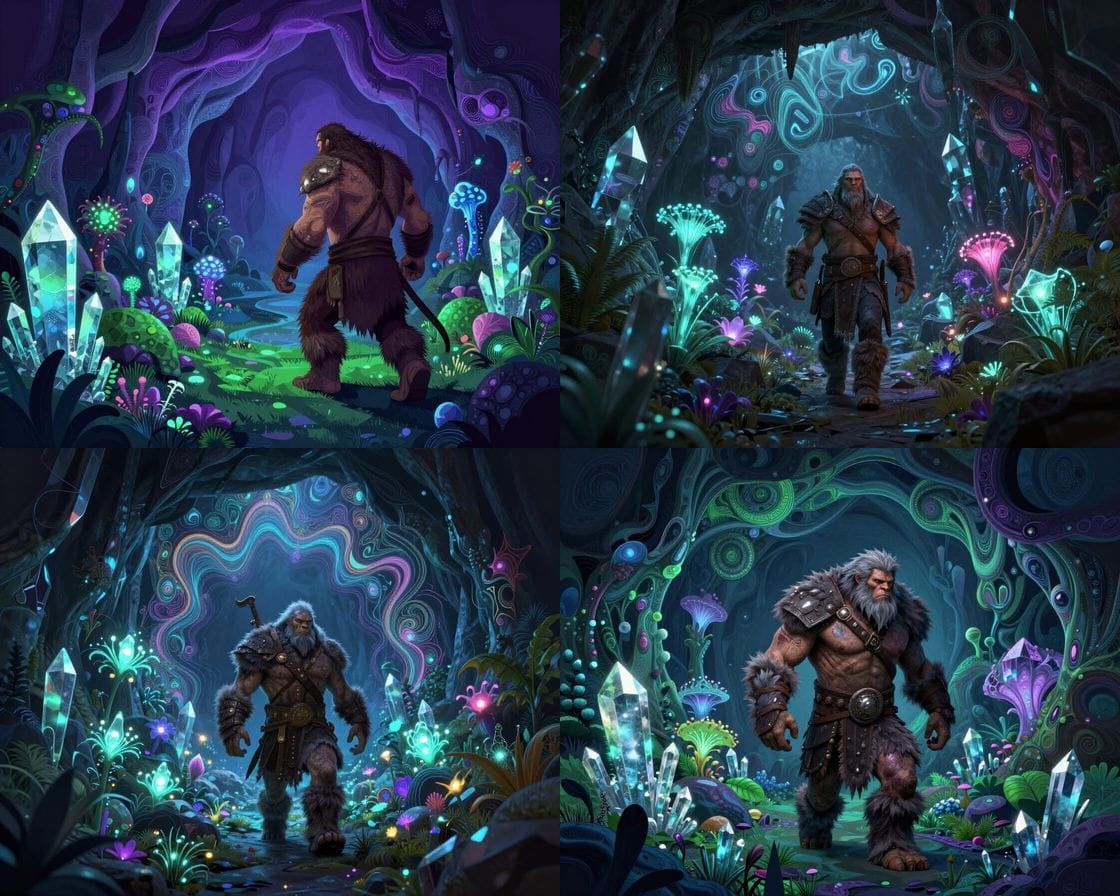 Warrior in Bioluminescent Garden, Abstract Fractal Style