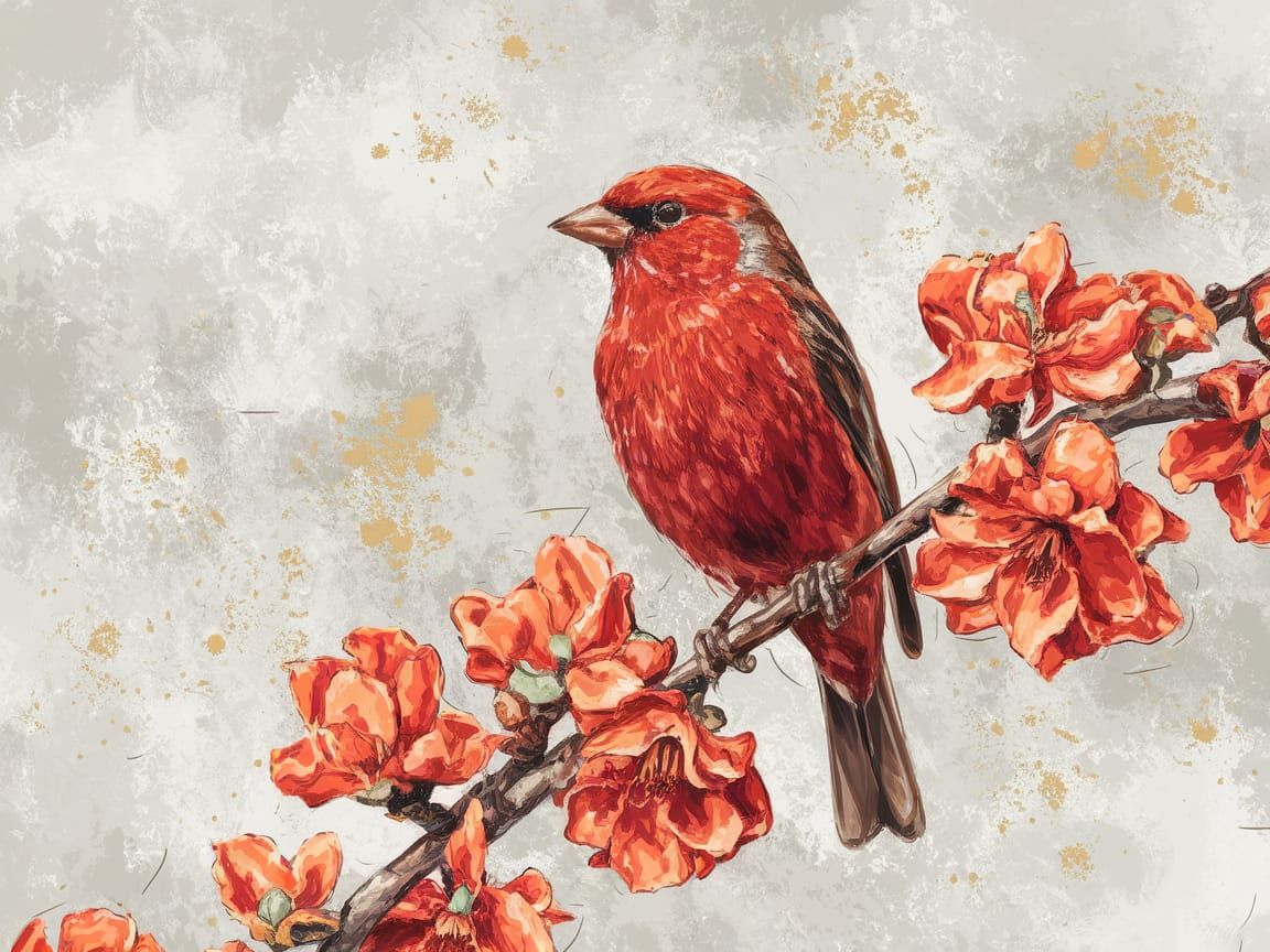 Vibrant Red Bird Amidst Golden Splatters