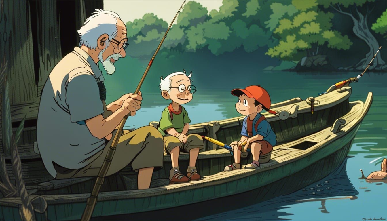 Grandfather and Grandson Fishing, Animated Style