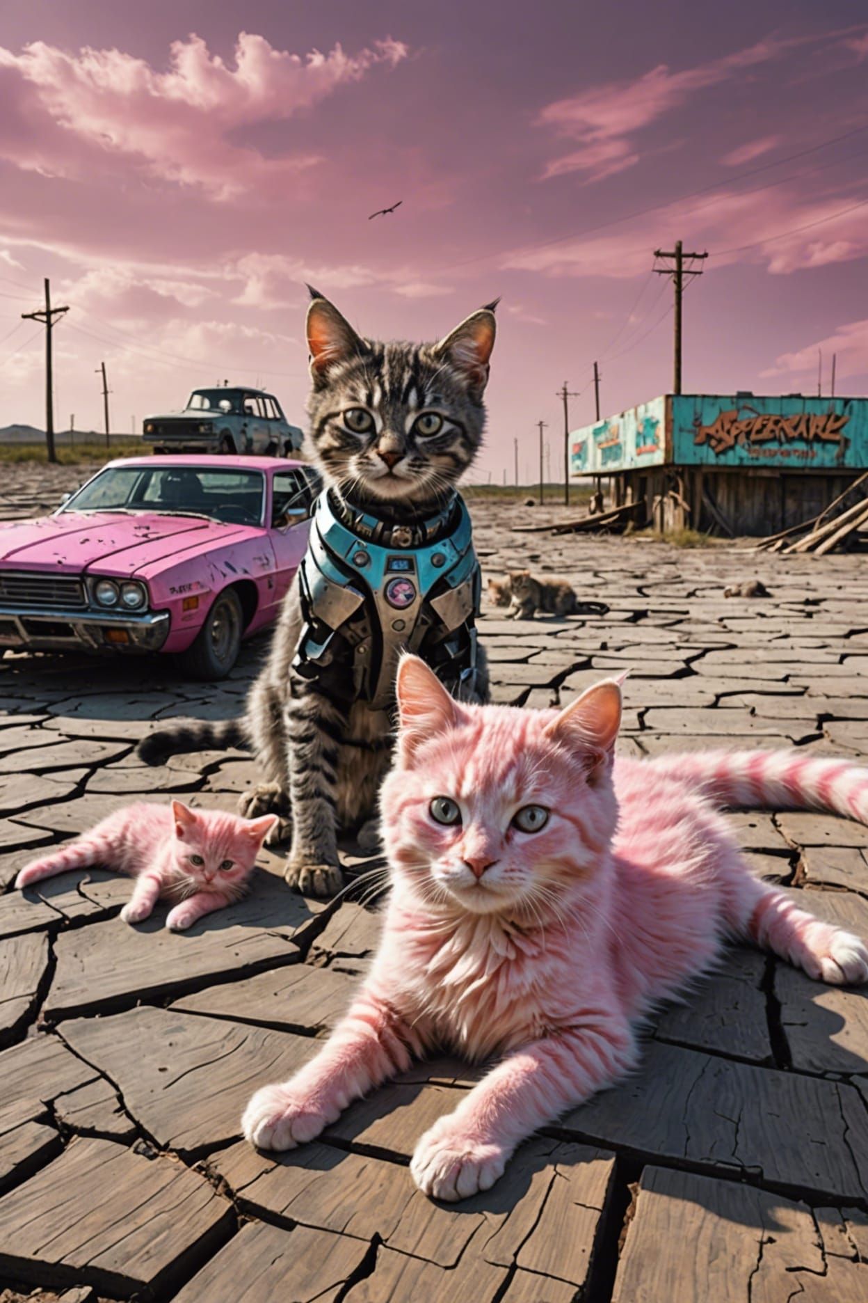 Alligator Wrestling Meets Kittens in Cyberpunk Style