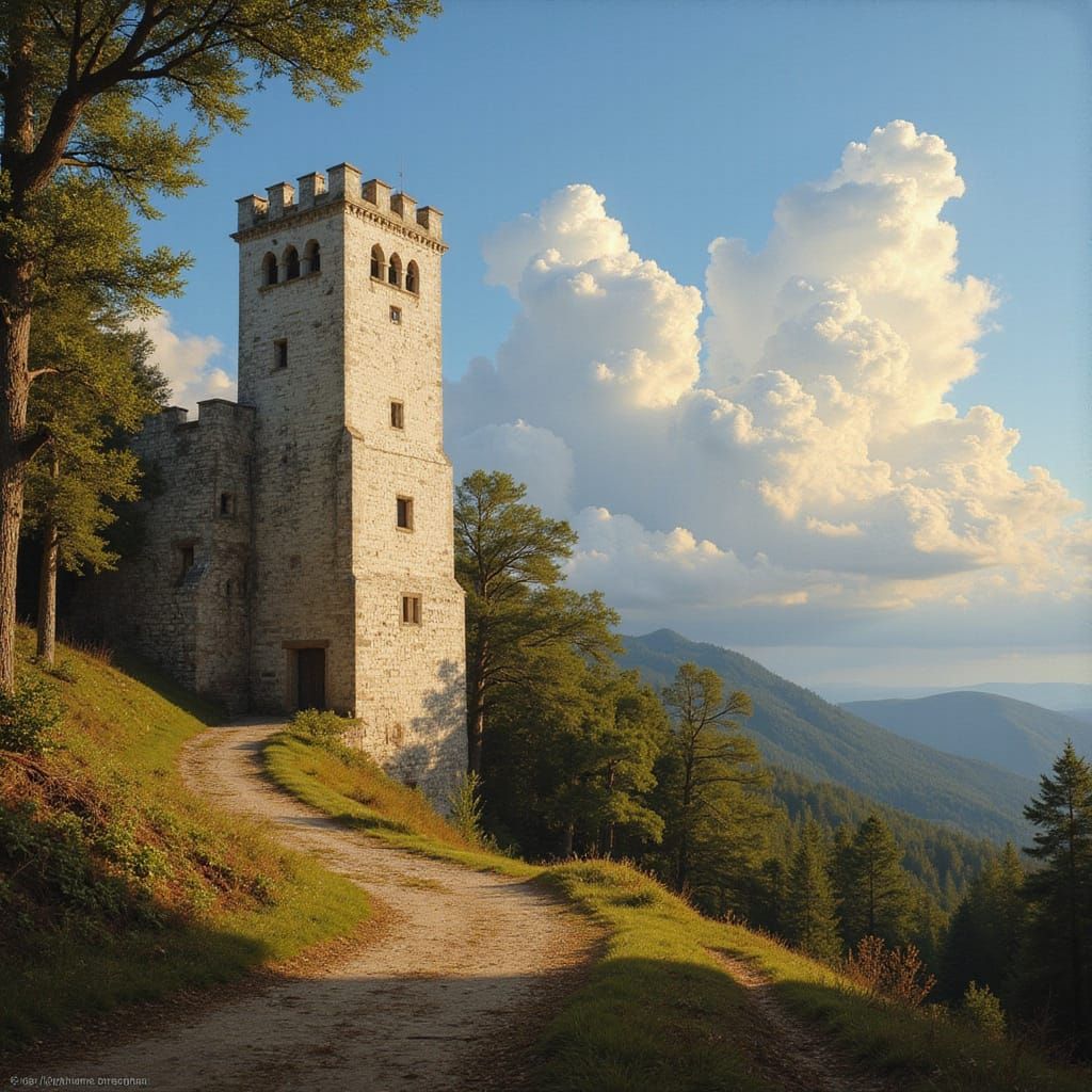 Medieval Landscape with Lone White Stone Tower in Golden Lig...