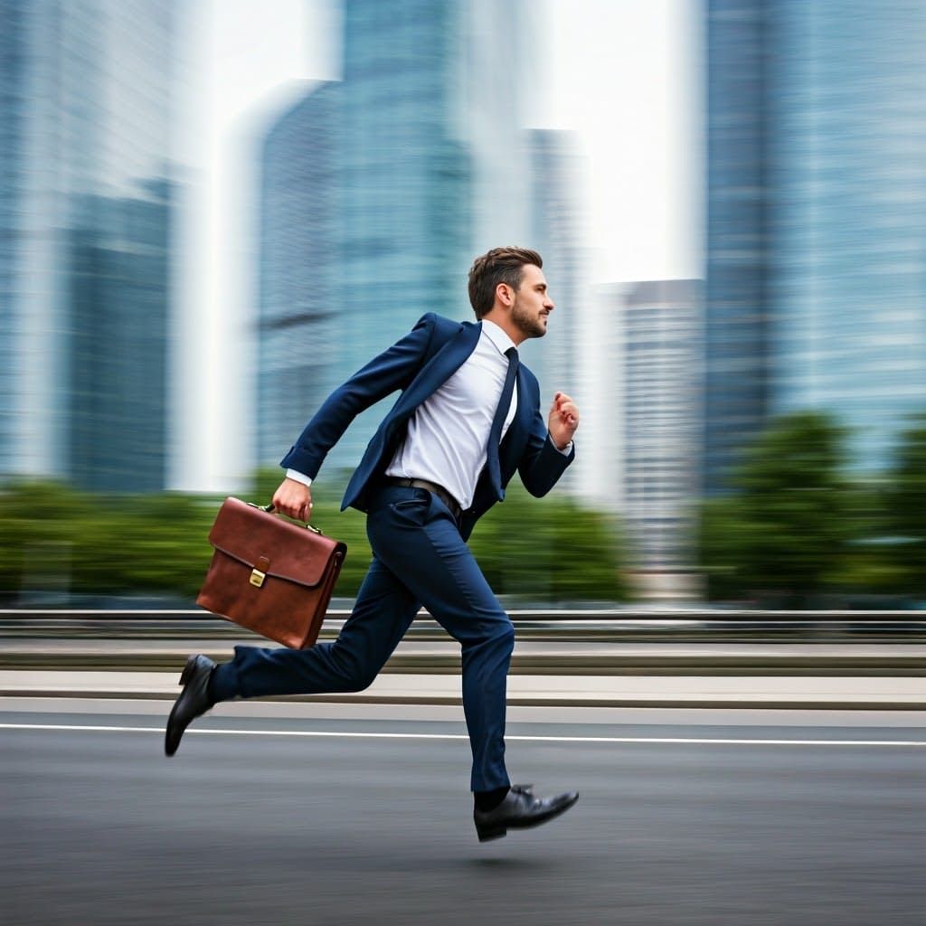 Businessman Sprinting Through City, Cinematic Style