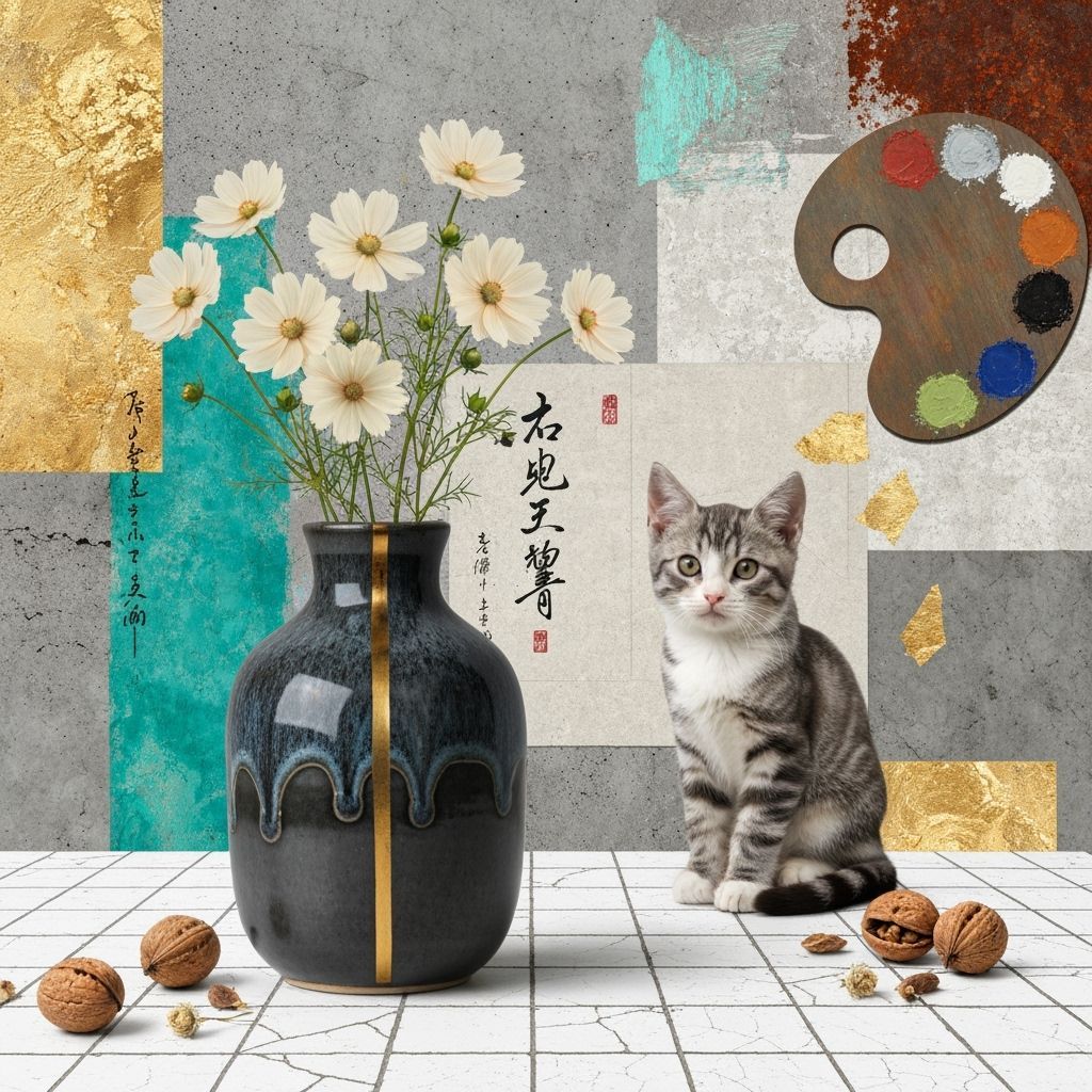 Wabi-Sabi Vase with Kitten and Flowers, Digital Art