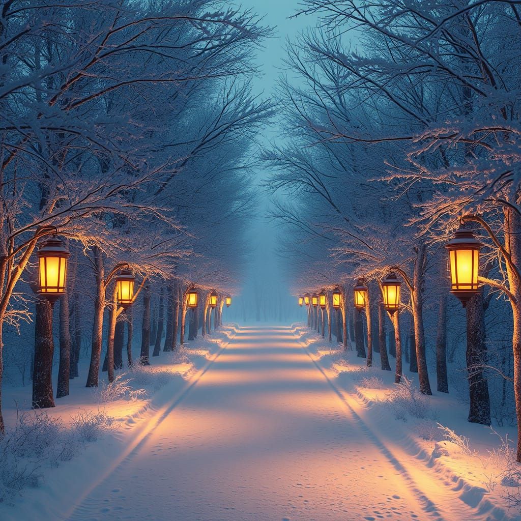 A Dreamy Winter Road Illuminated by Lanterns