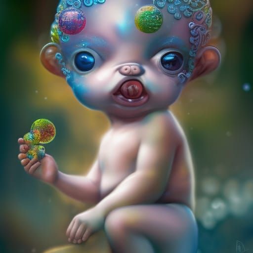 Ornate Monkey Blowing Bubbles in Street Art Style