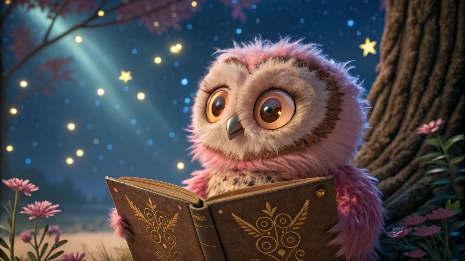 Whimsical Owl with Book in Starry Night Sky