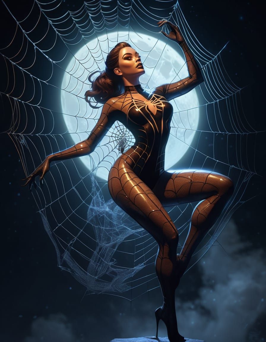 Pin-Up Woman Poses in Glowing Spiderweb Moonlight