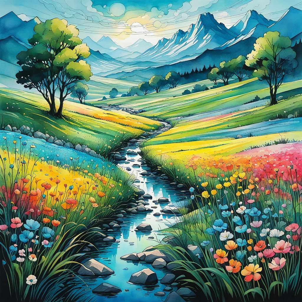 Watercolor Ink Art of a Beautiful Spring Meadow