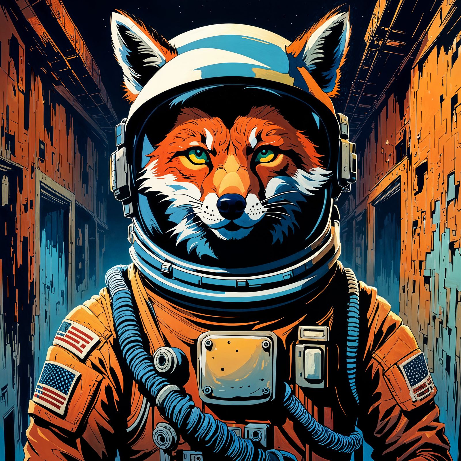 Portrait close-up of a fox astronaut, dilapidated asylum cor...