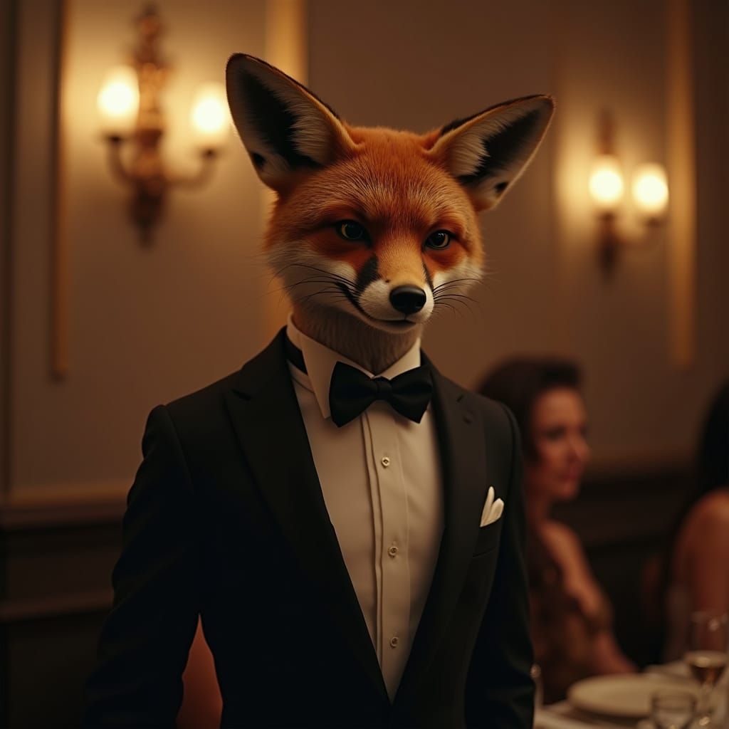 Anthropomorphic Fox in Tuxedo at Elegant Dinner Party