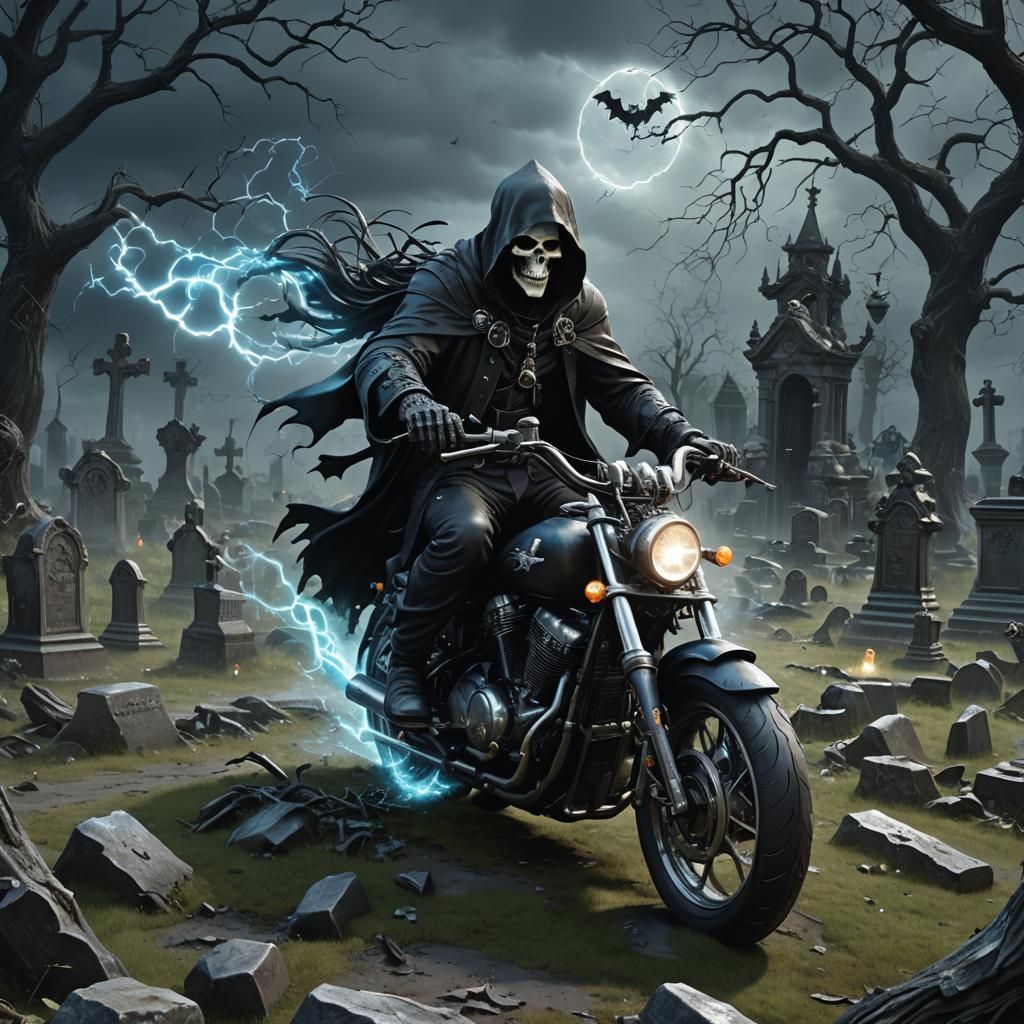 Grim Reaper Rides Motorcycle Through Graveyard in ZBrush Sty...