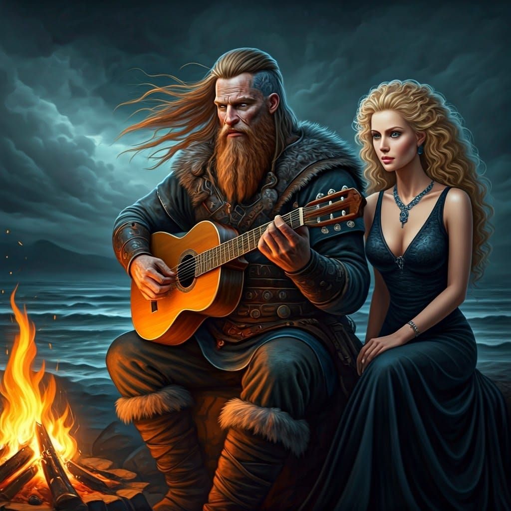 Viking Chieftain by the Stormy Coast Fire