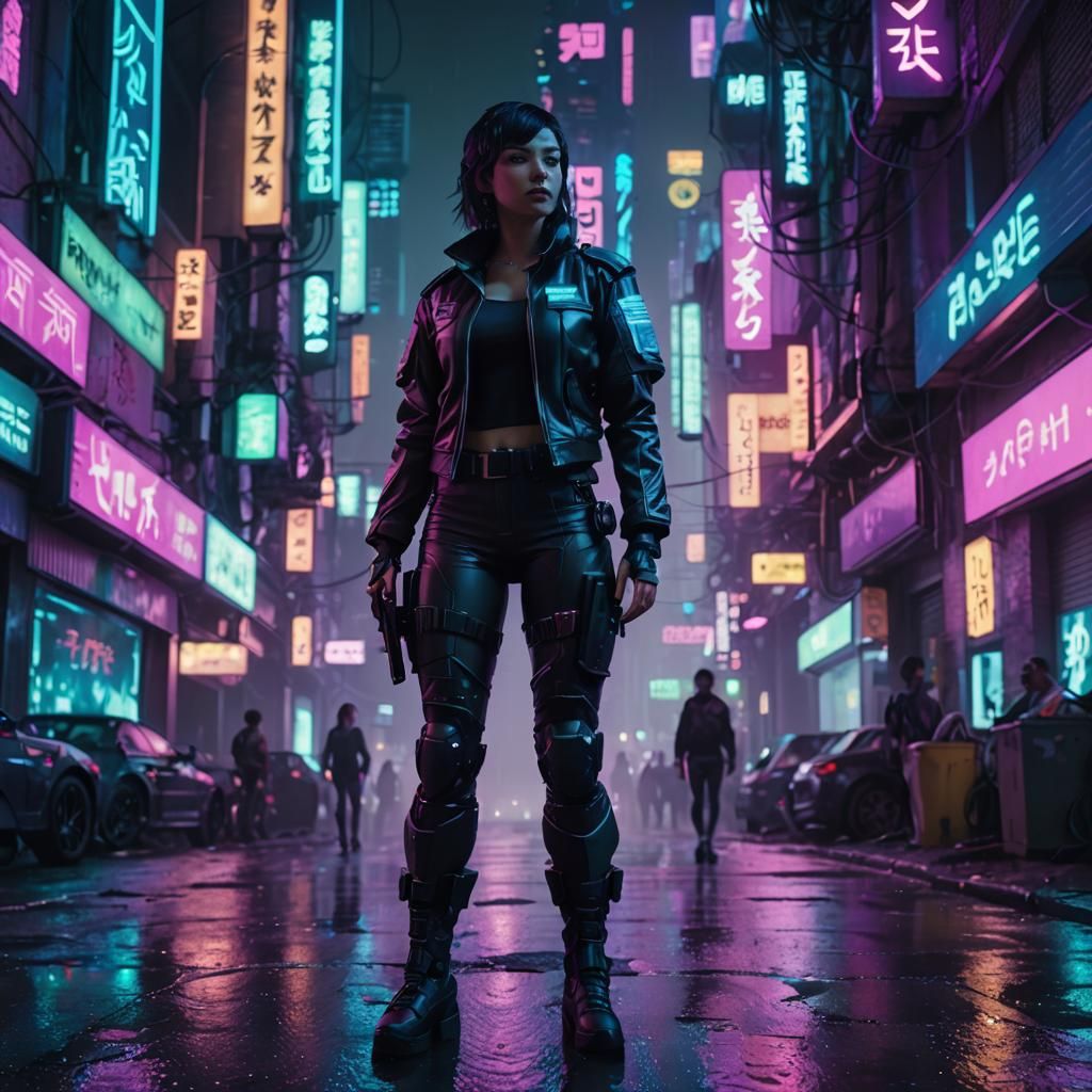 Cyberpunk Police in Neon City at Night