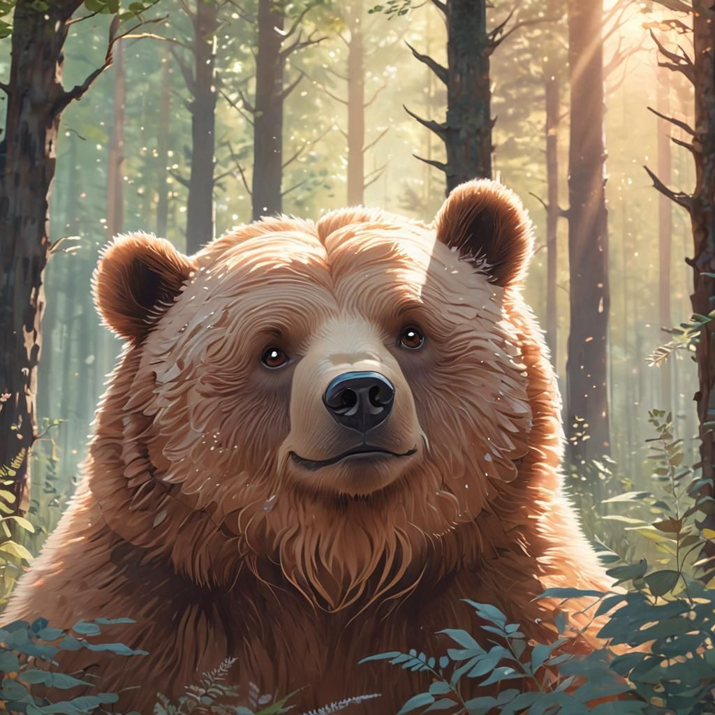 Chubby Bear in Sunlit Forest, Pastel Anime Illustration