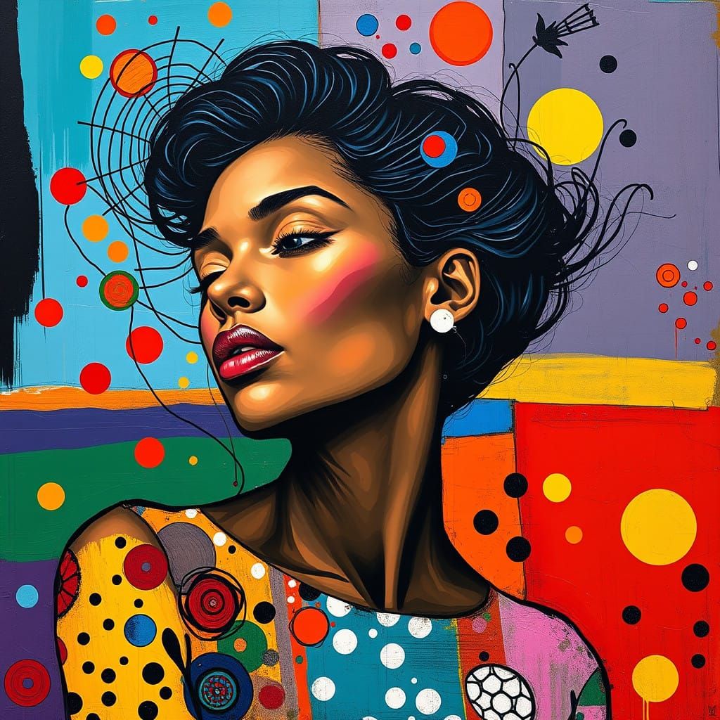 Dynamic Female Portrait in a Swirling Dance of Color and Pat...