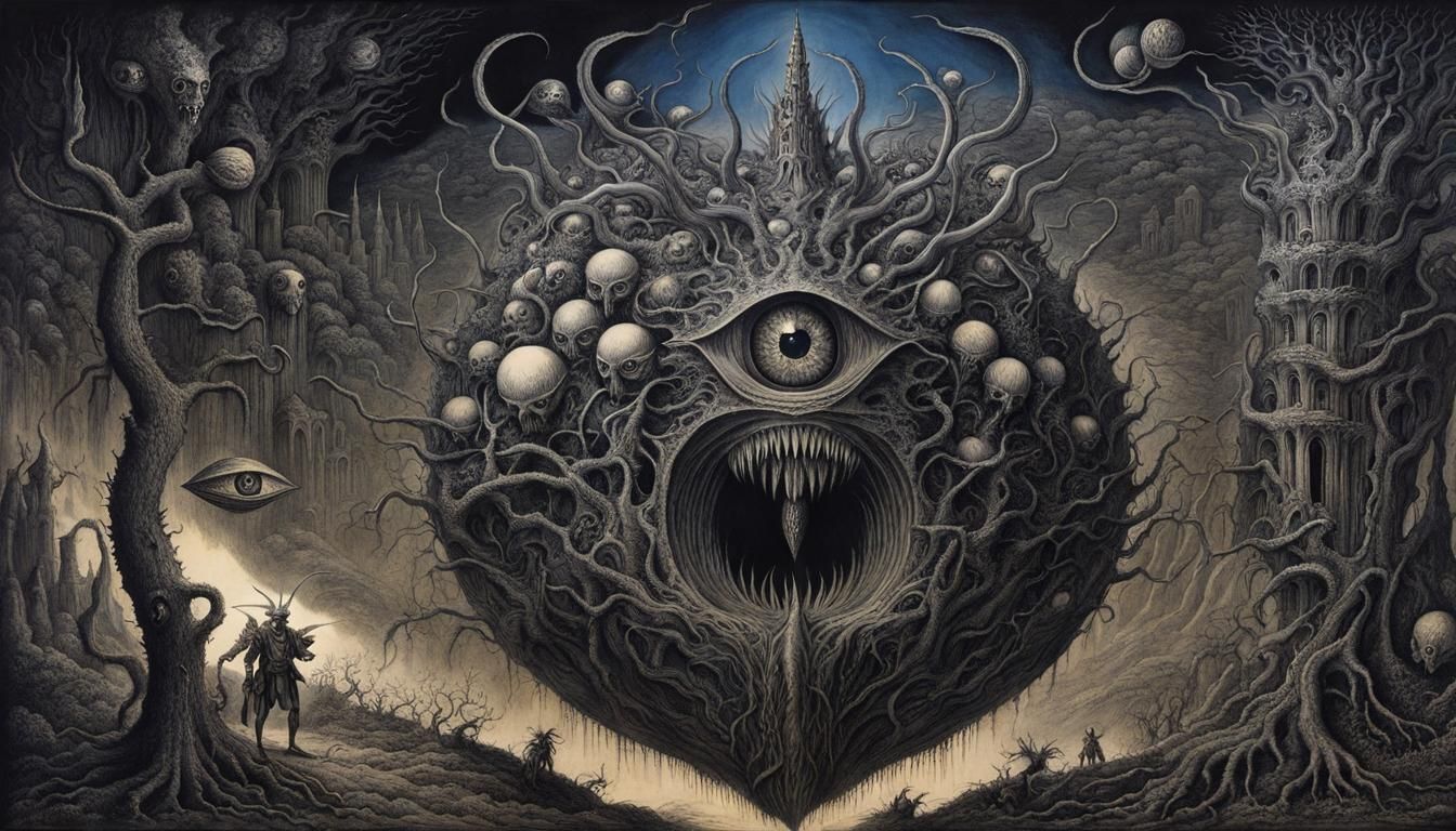 Surreal Landscape with Insectoid Creatures in Pen and Ink