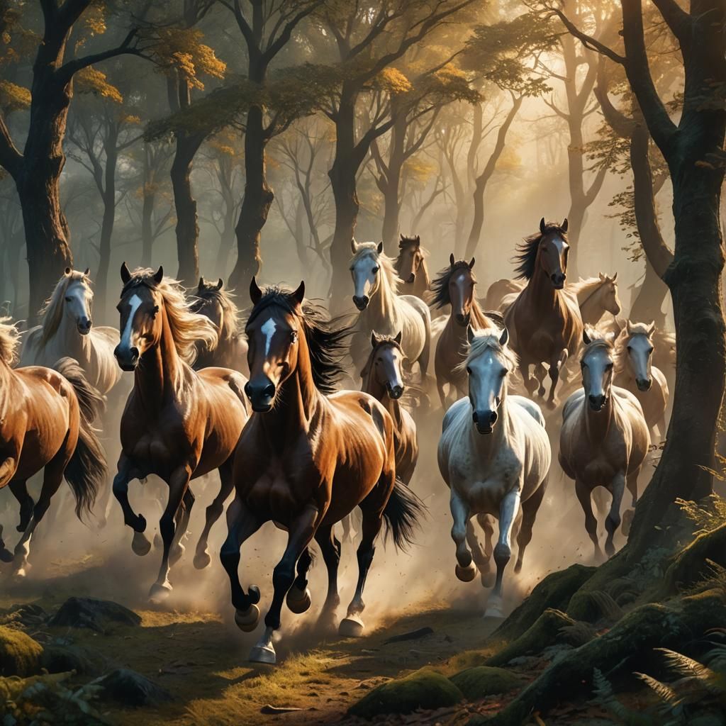Horses Galloping Through Mystical Forest: Oil Painting