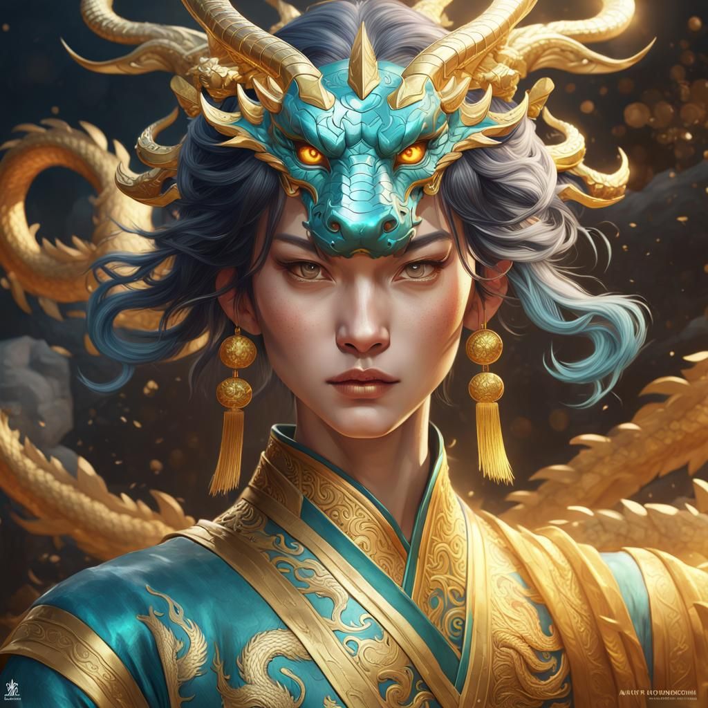 Golden Chinese Dragon Portrait in Hyperdetailed Style